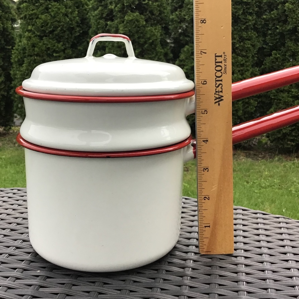 Vintage Enamelware Double Boiler White Red 3 Piece Set Farmhouse - Picture 12 of 15